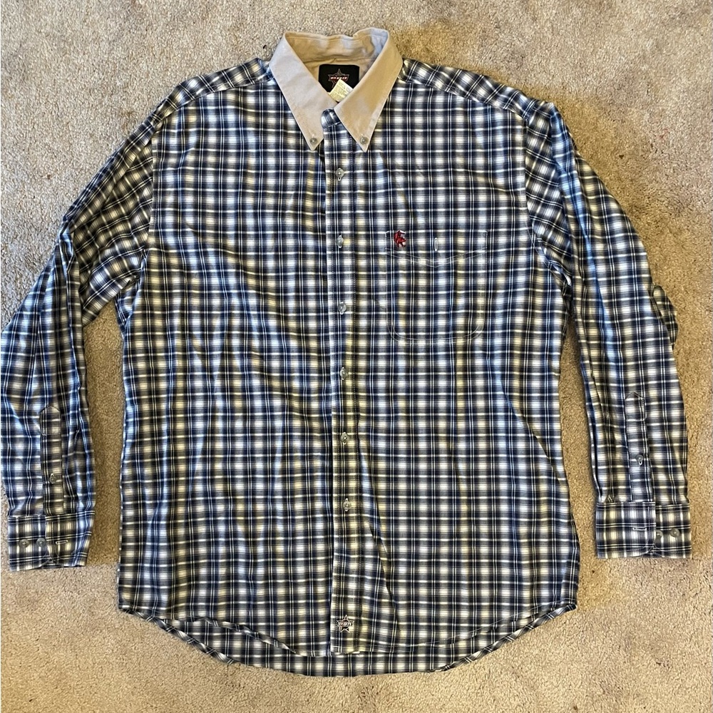 PBR - Men's Large Professional Bull Riders Blue Striped Plaid Button Shirt